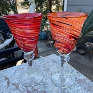 Two Art swirl glass goblets 8x4”